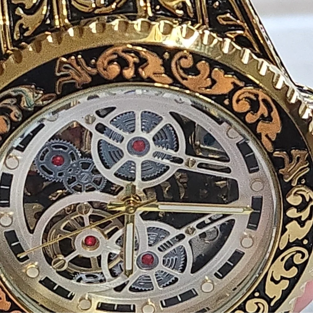 NWOB WLISTH Automatic Skeleton Watch. Gold/Black,SS Case & Strap.